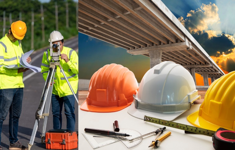 Civil engineers working on construction site and in design office